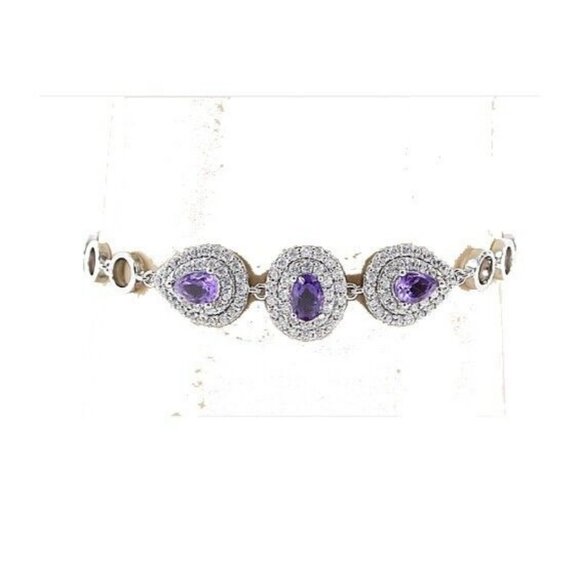 Gold Coast 7.5" + 2" Extender Chain Purple CZ Amethyst Platinum Plated Bracelet - Picture 1 of 6